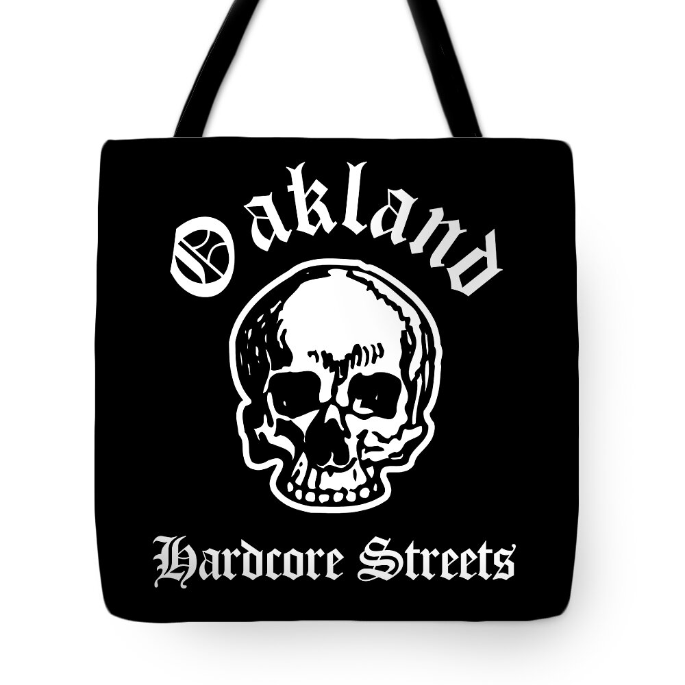 Oakland Tote Bag featuring the drawing Oakland California Hardcore Streets Urban Streetwear White Skull, White Text Super Sharp PNG by Kathy Anselmo