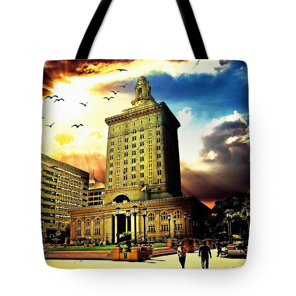 Oakland City Hall Tote Bag featuring the digital art Oakland City Hall, in sunset light by Nicko Prints