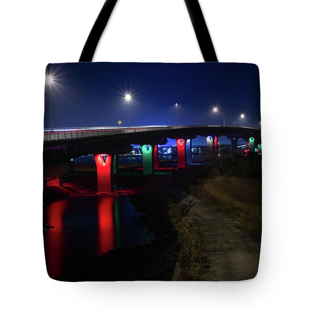 Ocean City Tote Bag featuring the photograph Ocean City Bridge Dressed for Christmas by Kristia Adams