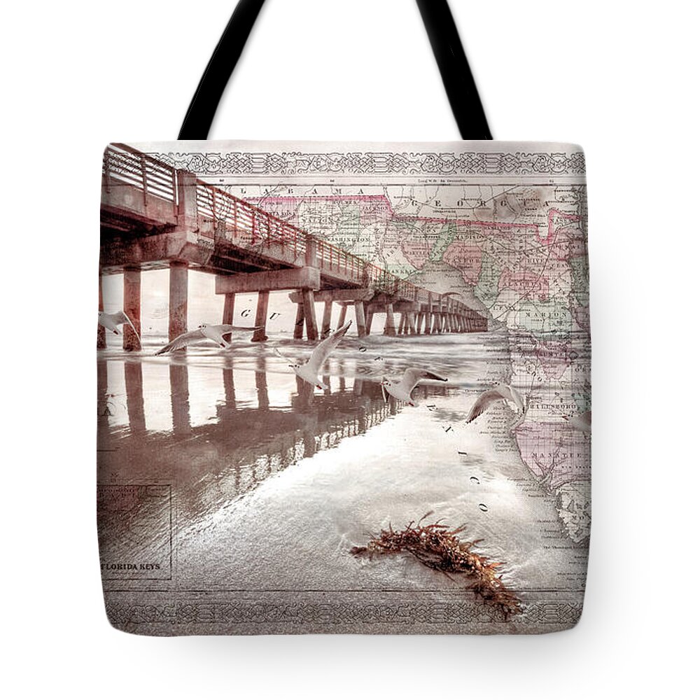 Map Tote Bag featuring the photograph Ocean Pier Beachhouse Vintage Map Seascape by Debra and Dave Vanderlaan