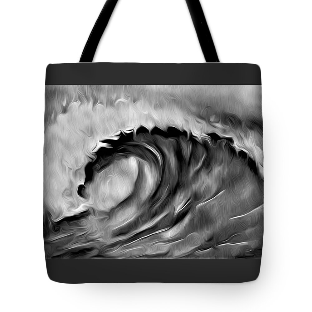 Ocean Wave Tote Bag featuring the digital art Ocean Wave Abstract - B/W by Ronald Mills