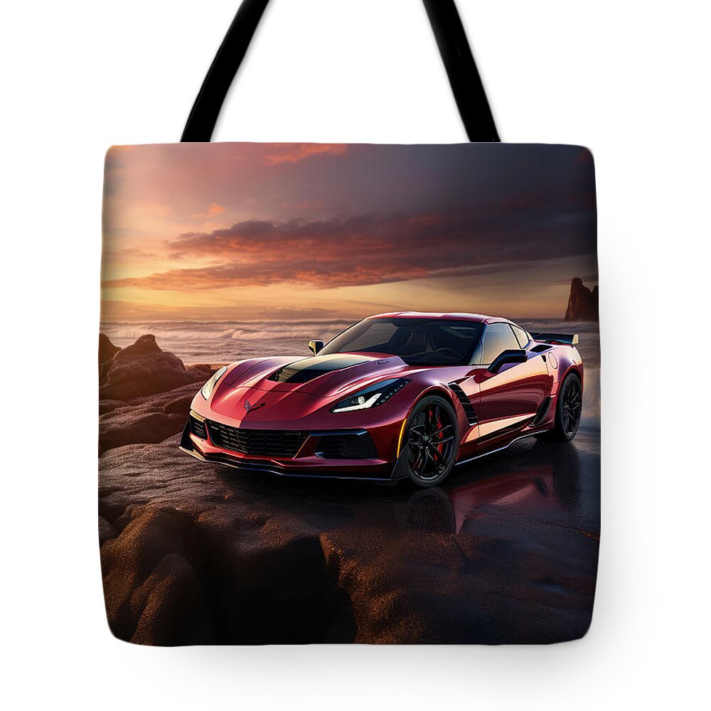 Zr1 Tote Bag featuring the painting Ocean's Edge - Red ZR1 Corvette by Lourry Legarde
