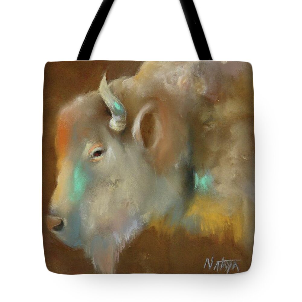 Bison Tote Bag featuring the pastel White Buffalo Spirit by Nataya Crow