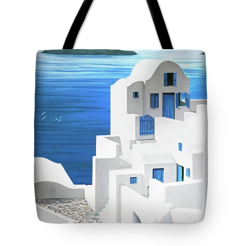 Santorini Tote Bag featuring the painting OH MY OIA-Santorini-original thinner view-Oil Painting Realism by Mary Grden
