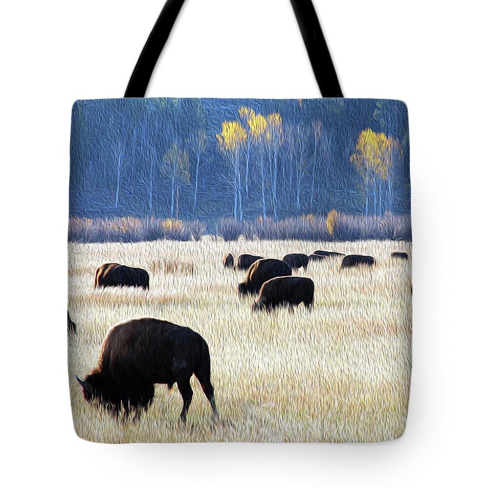 Bison Tote Bag featuring the photograph Painting of Grazing Bison by Robert Carter