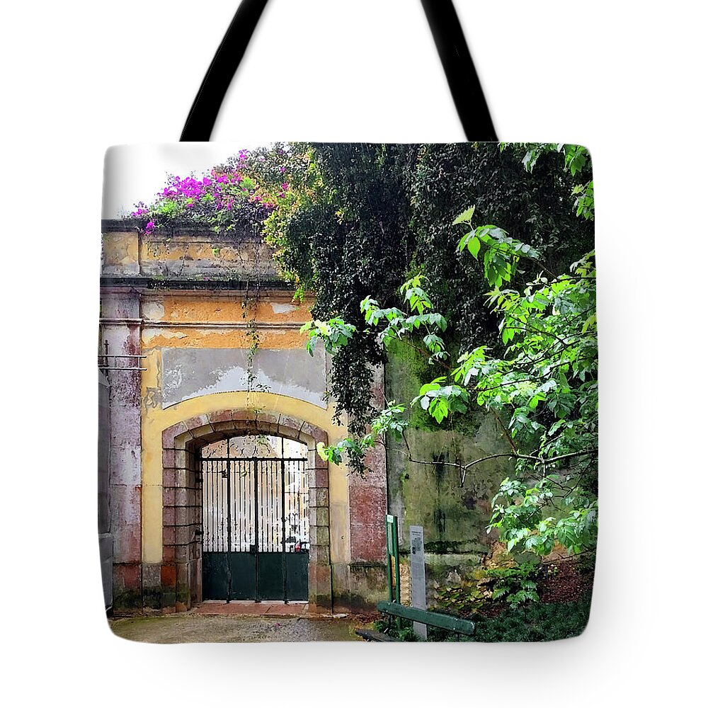 Garden Tote Bag featuring the digital art Old Arch With Pink Flowers Botanical Garden Old Lisbon Historical Downtown Portugal by Irina Sztukowski