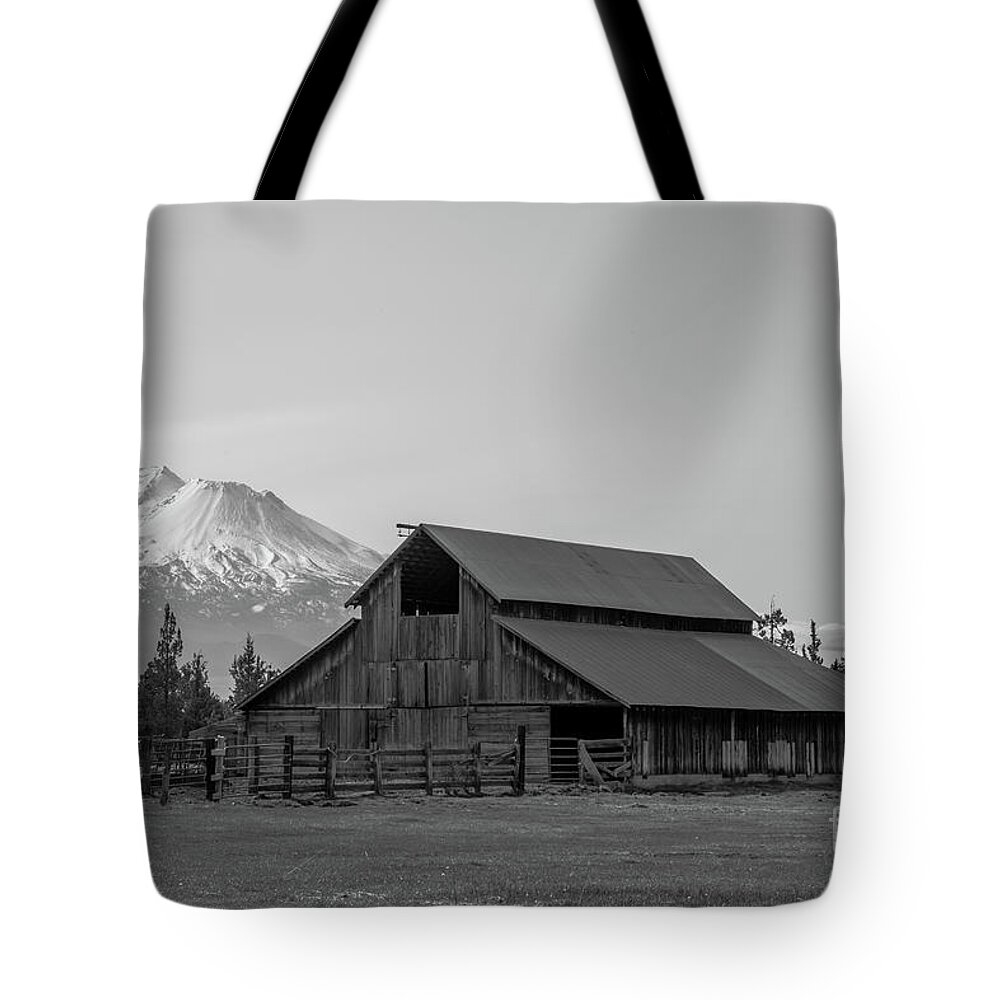 Barn Tote Bag featuring the photograph Old Barn And Mt. Shasta BW by Suzanne Luft
