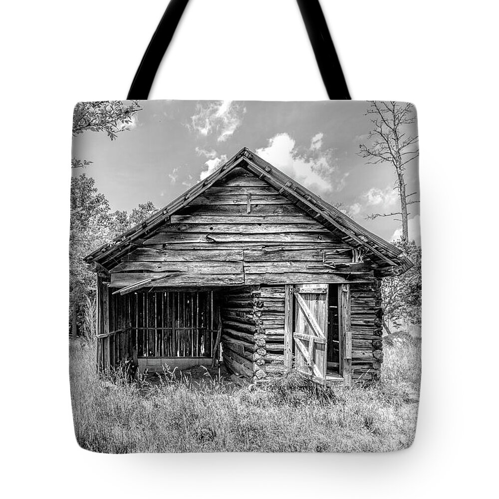 Black Tote Bag featuring the photograph Old Barns at Buckley Vineyards Black and White by Debra and Dave Vanderlaan