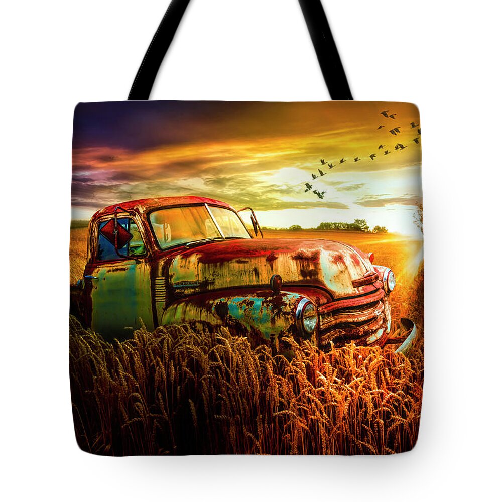 1947 Tote Bag featuring the photograph Old Chevy Truck in the Sunset by Debra and Dave Vanderlaan