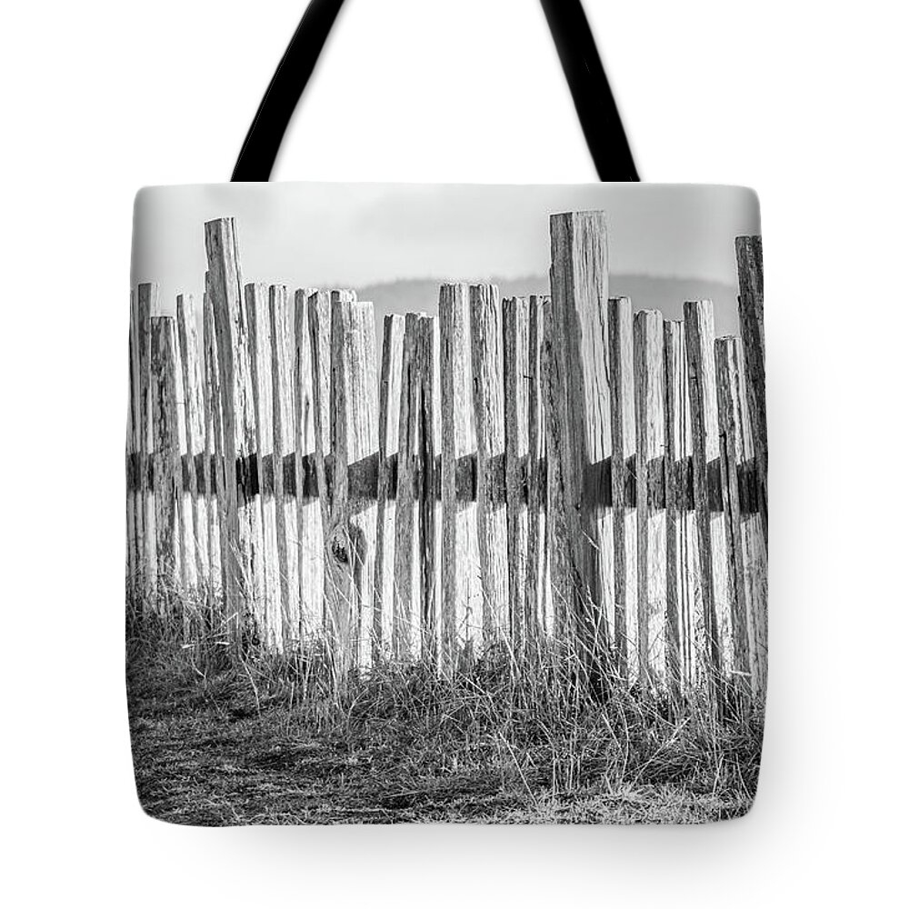 Aged Tote Bag featuring the photograph Old Coastal Fence by Mike Fusaro