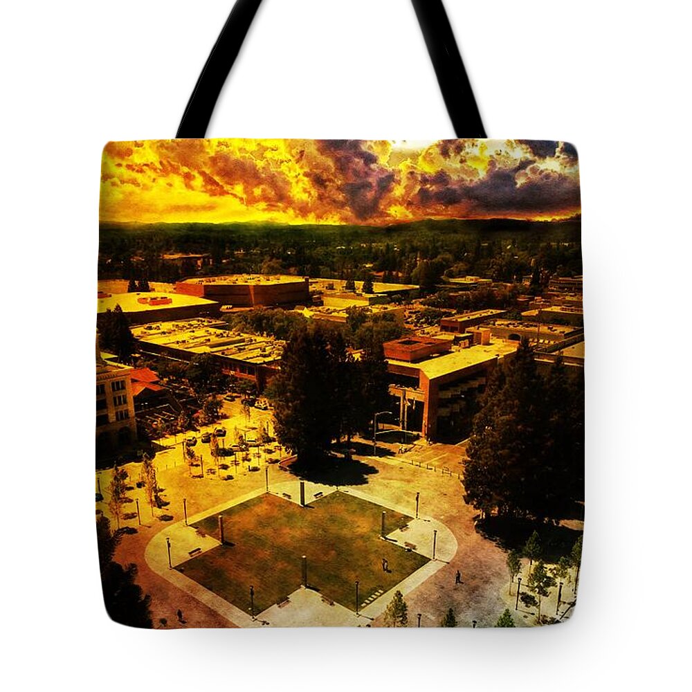 Santa Rosa Tote Bag featuring the digital art Old Courthouse Square in Santa Rosa, California, seen on sunset by Nicko Prints