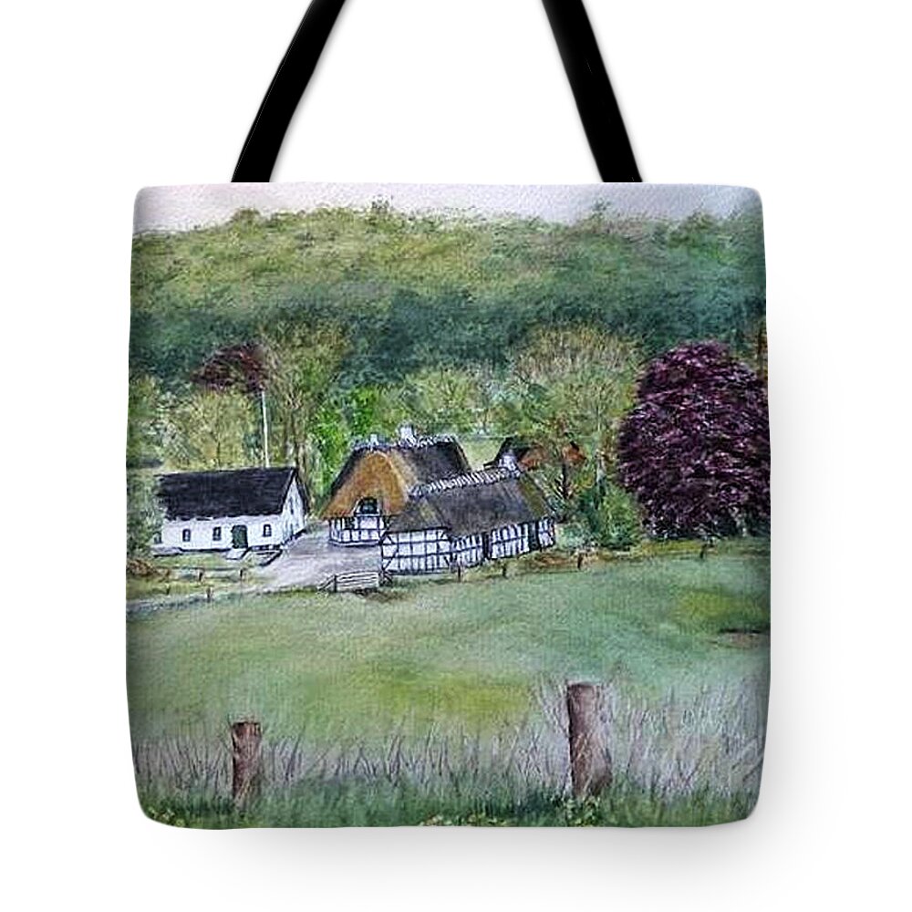 Landscape In Denmark Tote Bag featuring the painting Old Danish Farm House by Kelly Mills