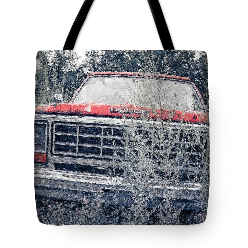 Paint Tote Bag featuring the digital art Old Dodge in the Weeds Painterly by Edward Fielding