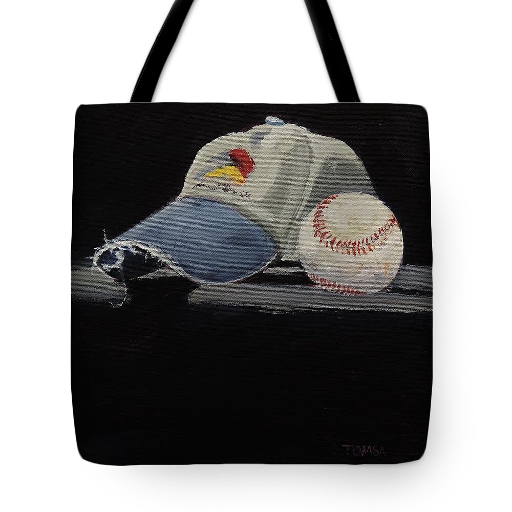 Old Hat And Ball Tote Bag featuring the painting Old Hat and Ball by Bill Tomsa