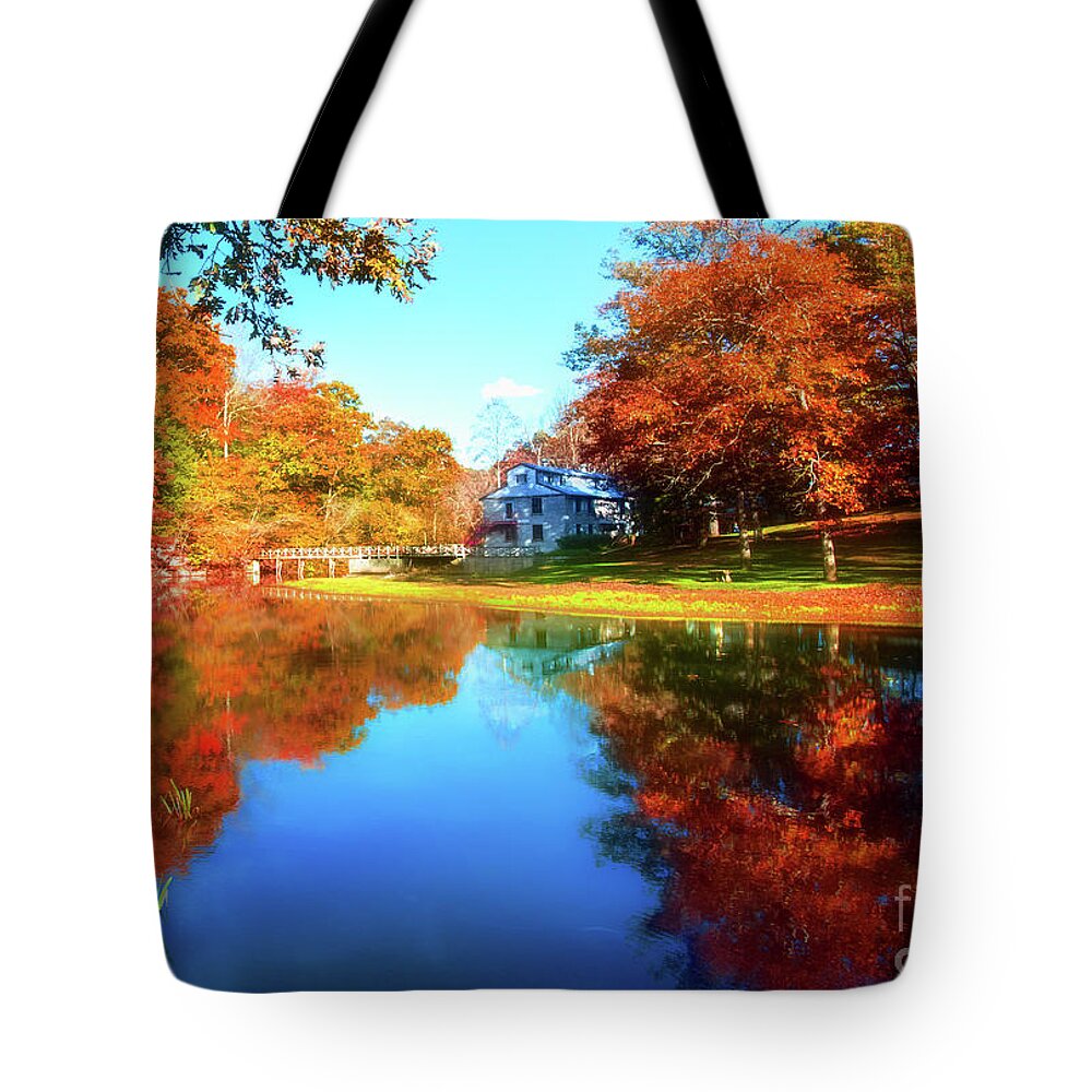 Old Mill House Pond In Autumn Fine Art Photograph Print With Vibrant Fall Colors Tote Bag featuring the photograph Old Mill House Pond in Autumn Fine Art Photograph Print with Vibrant Fall Colors by Jerry Cowart