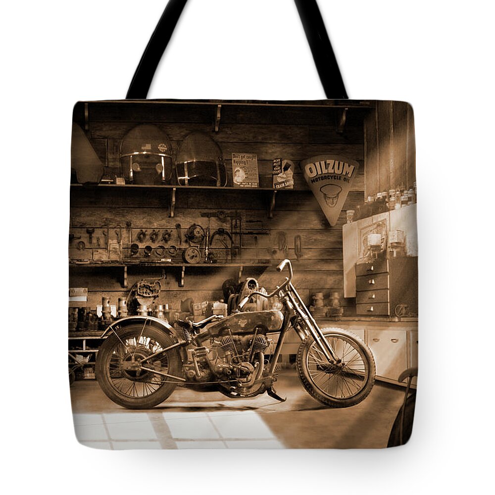 Motorcycle Tote Bag featuring the photograph Old Motorcycle Shop by Mike McGlothlen