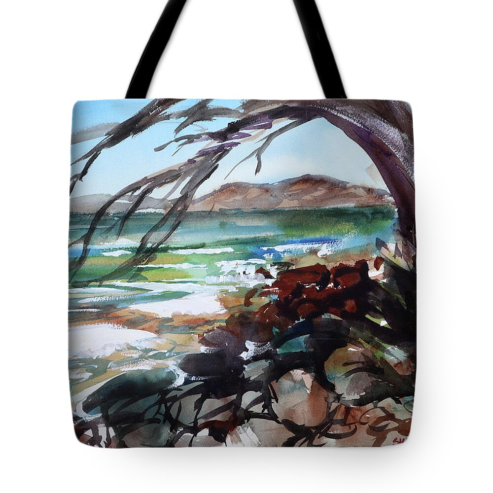 Landscape Tote Bag featuring the painting Old tree at Swansea by Shirley Peters