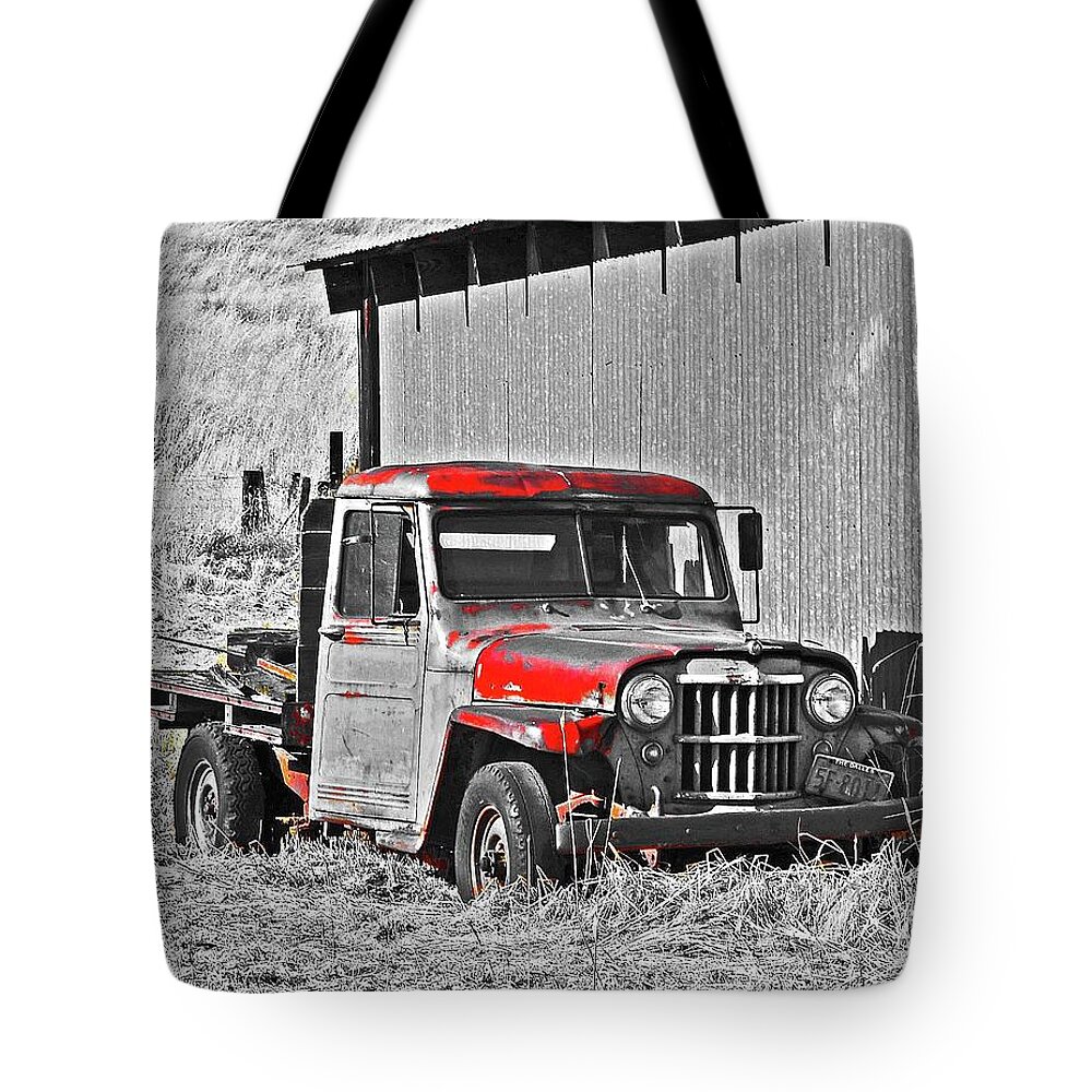 In Focus Tote Bag featuring the digital art Old Willys Jeep by Fred Loring