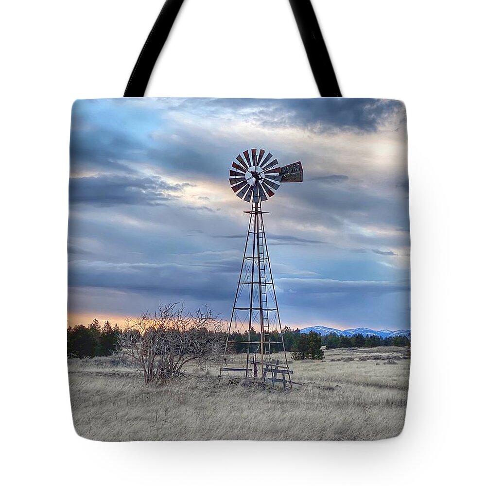 Winter Tote Bag featuring the photograph Old Windmill at Sunset by Jerry Abbott