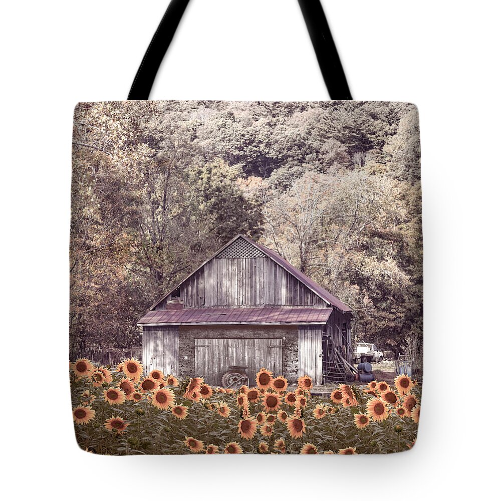Sunflower Tote Bag featuring the photograph Old Wood Barn in Soft Sunflowers by Debra and Dave Vanderlaan