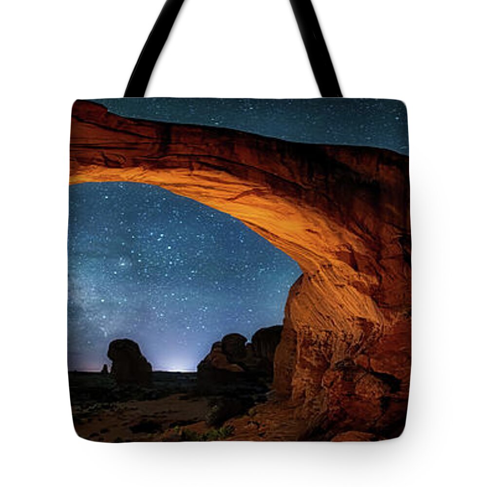 Olena Art Tote Bag featuring the photograph Moab's Arches With Stars by OLena Art