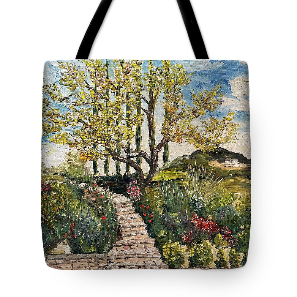 Olive Tree Tote Bag featuring the painting The Olive Tree at Gershon Bachus Vintners by Roxy Rich
