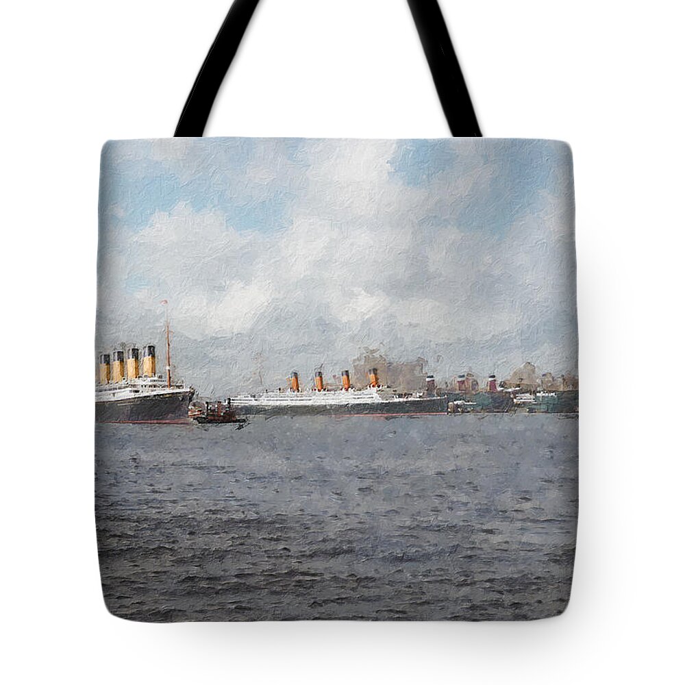 Steamer Tote Bag featuring the digital art Olympic and Aquitania by Geir Rosset