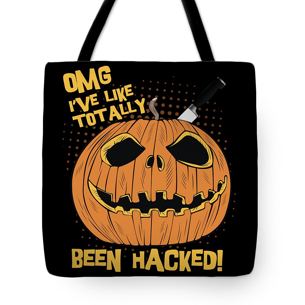 Cool Tote Bag featuring the digital art OMG Ive Been Hacked Funny Halloween Pumpkin by Flippin Sweet Gear