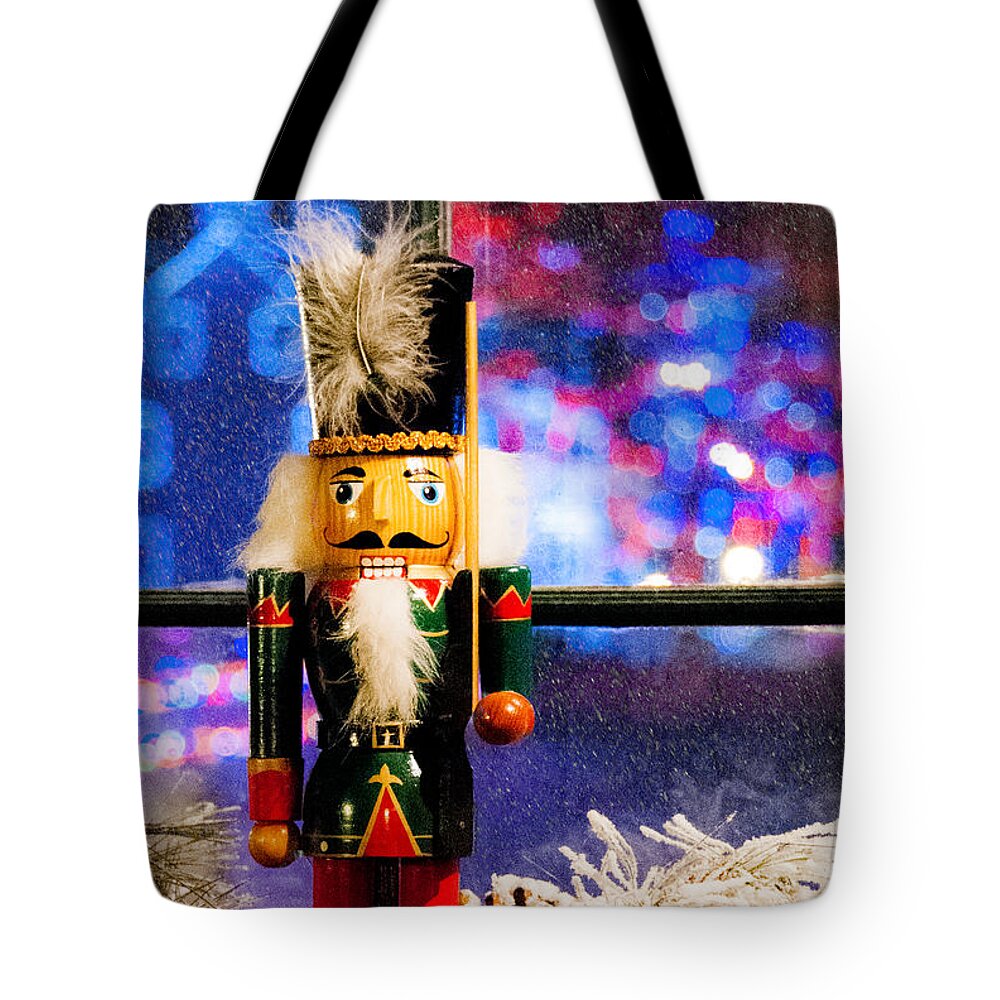 Nutcracker Tote Bag featuring the mixed media On Guard for Christmas by Moira Law