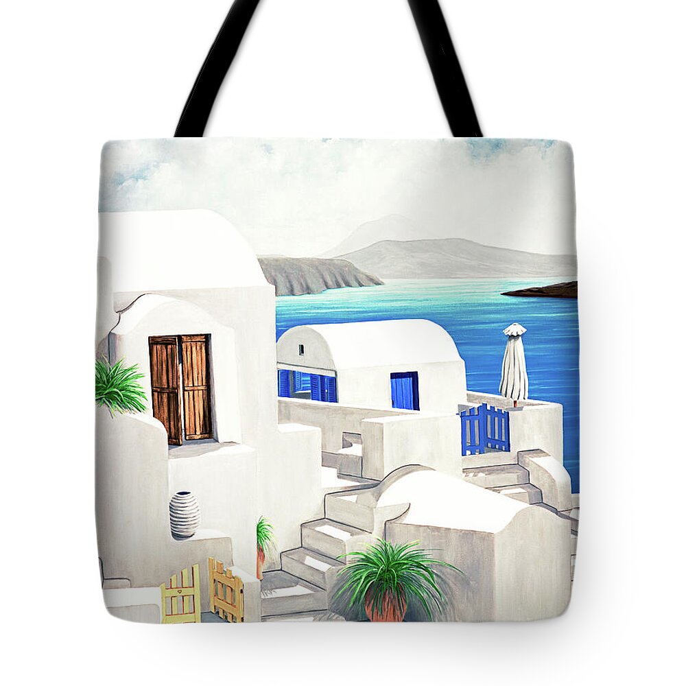 Santorini Tote Bag featuring the painting ON OIA, Santorini-Print of Oil Painting by Mary Grden