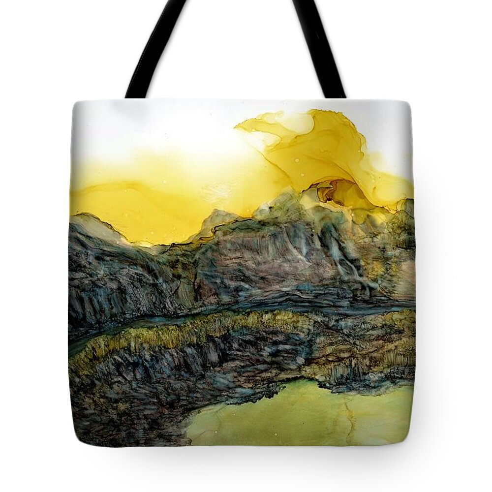 Mountains Tote Bag featuring the painting On the low road by Angela Marinari