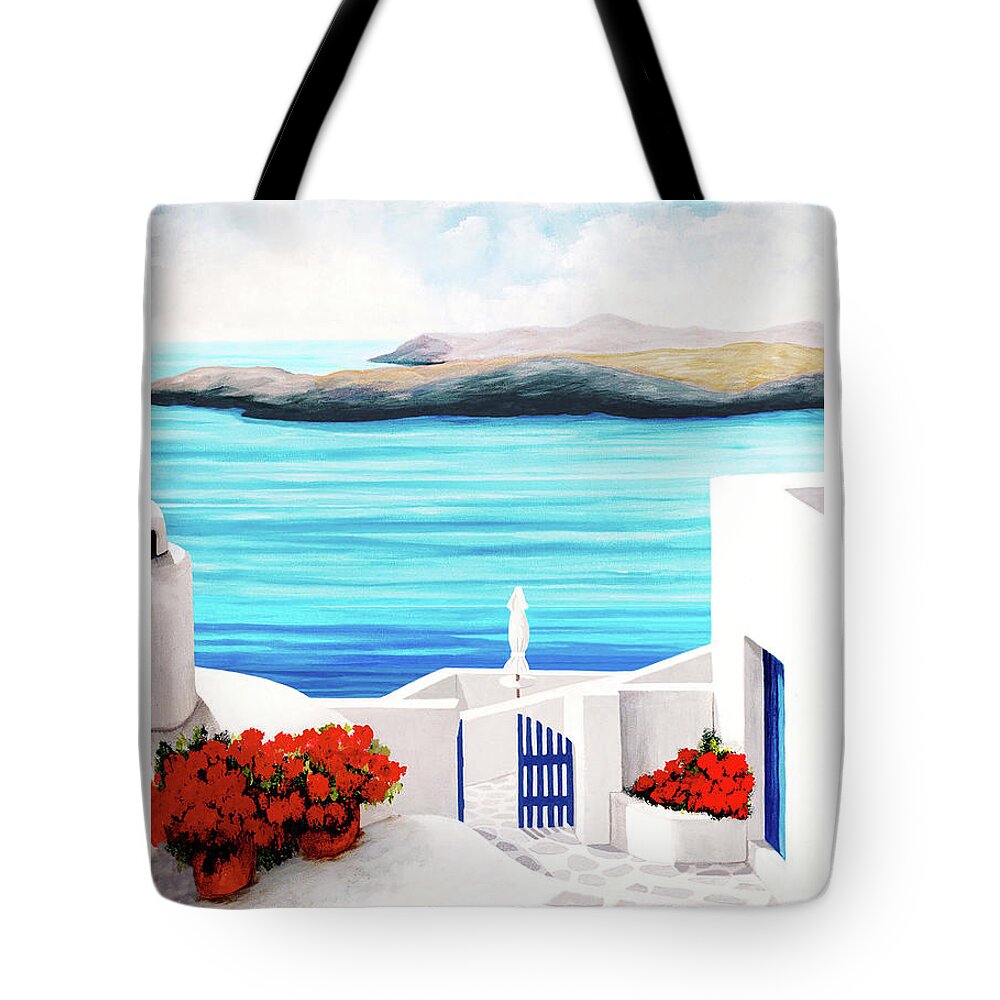 Santorini Tote Bag featuring the painting ON THE WAY-Oil Painting of Santorini by Mary Grden