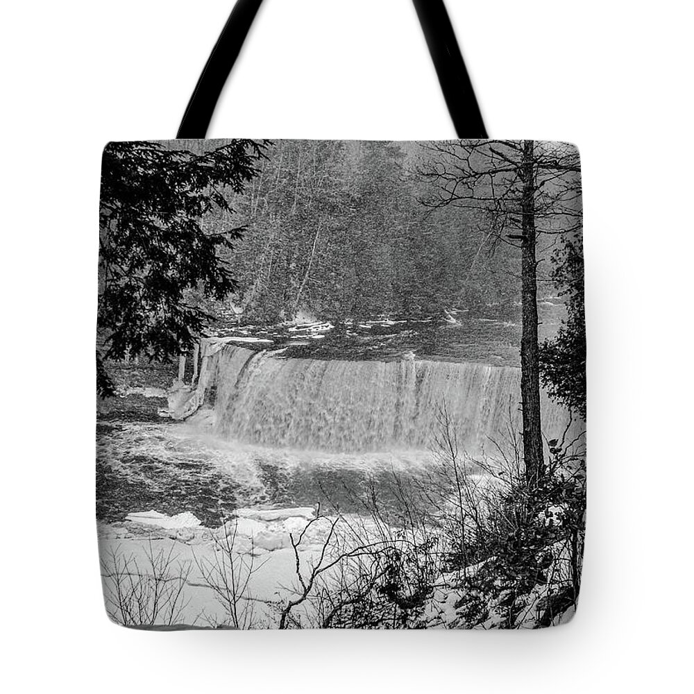 Tahquamenon Falls State Park Tote Bag featuring the photograph One Last Look at Tahquamenon in Black and White by Deb Beausoleil