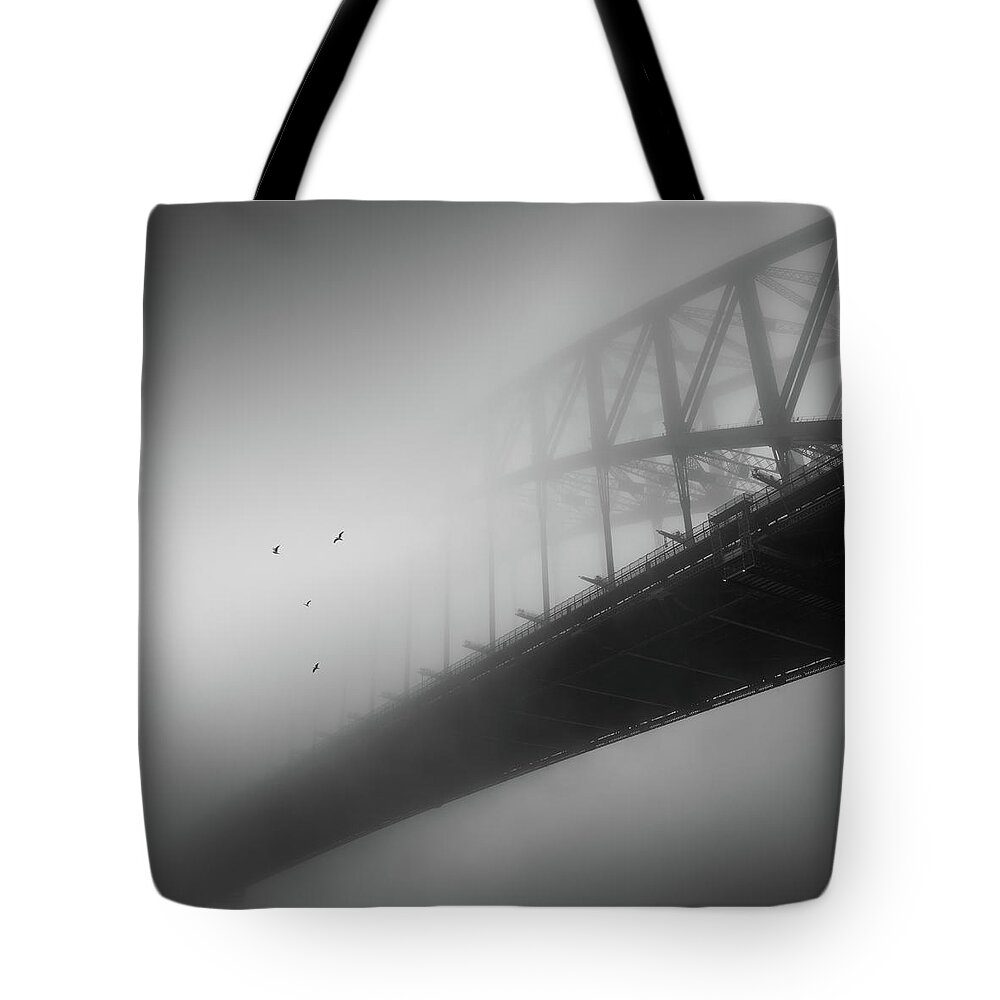 Monochrome Tote Bag featuring the photograph One Morning at the Bridge by Grant Galbraith