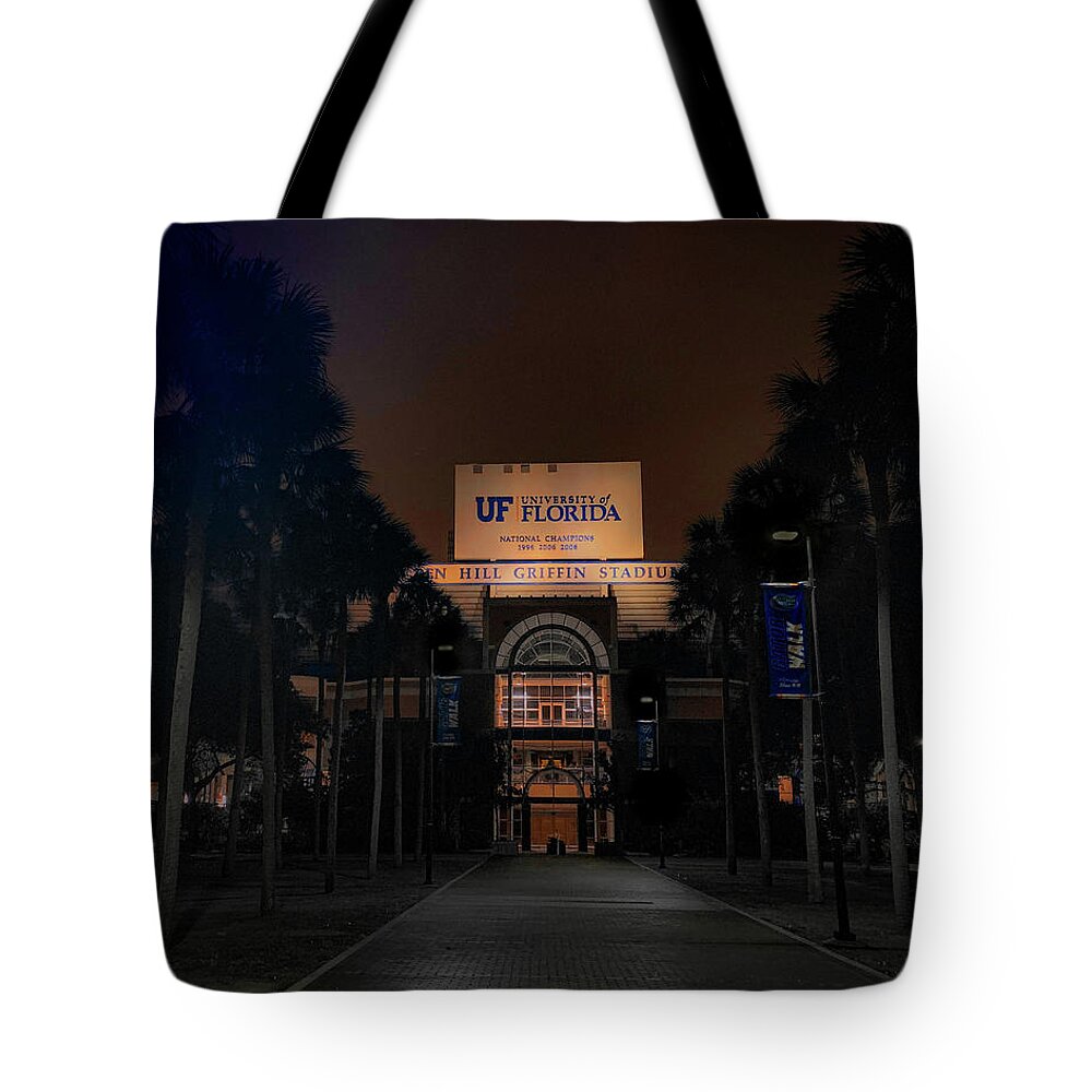 Digital Image Of Ben Hill Griffin Stadium At The University Of Florida - December 2019. Tote Bag featuring the photograph Orange and Blue After Dark by Lora J Wilson