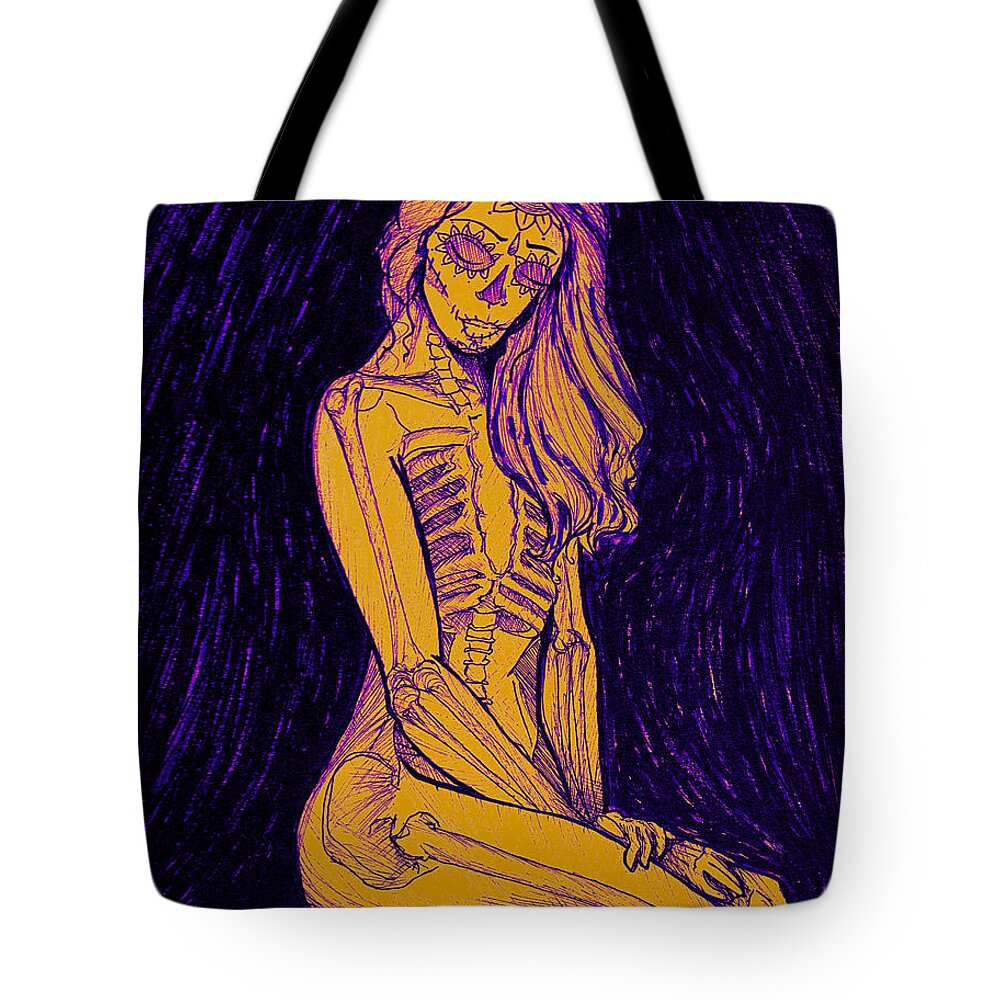 Sugar Skull Tote Bag featuring the mixed media Eternal Enigma Sugar Skull Woman Orange and Purple by Kenneth Pope
