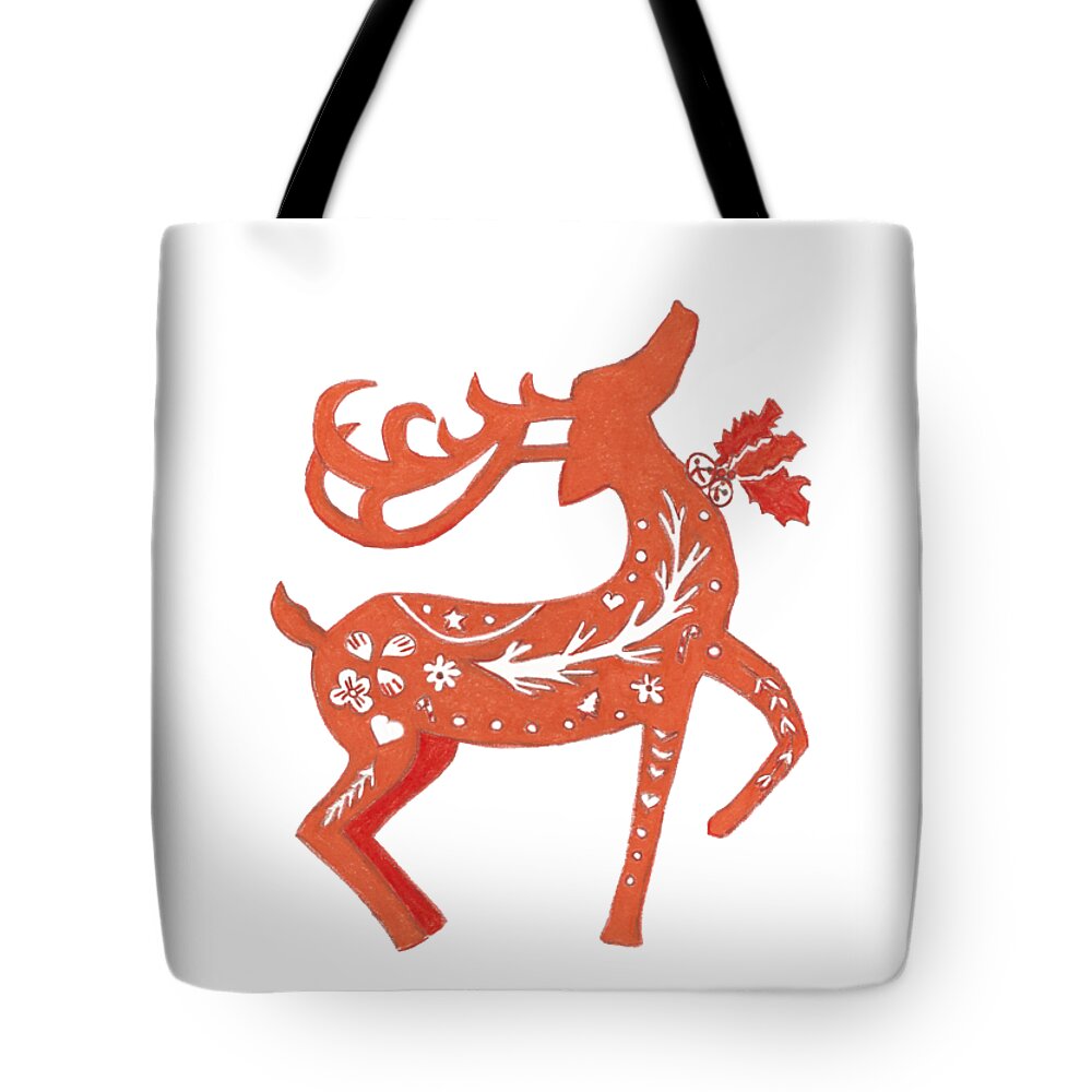 Orange Tote Bag featuring the drawing Orange and Red Holiday Reindeer with Pattern by Ali Baucom