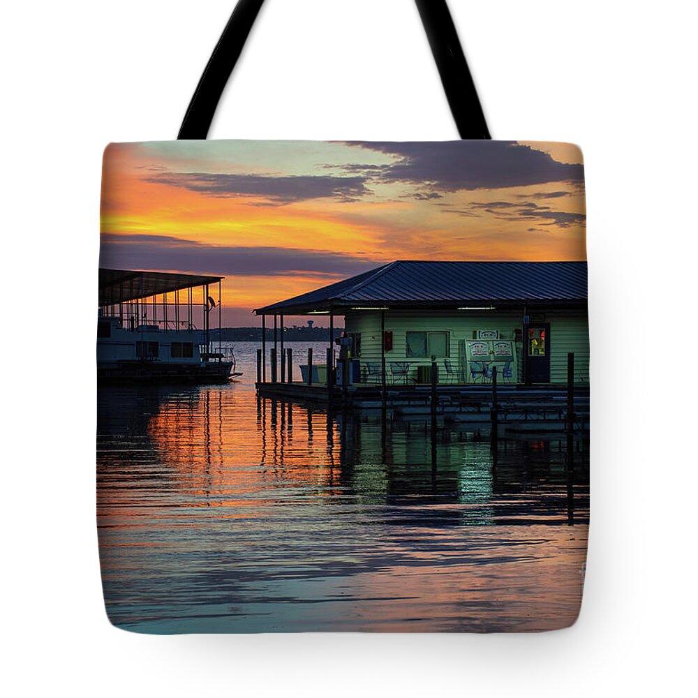 Lrh Tote Bag featuring the photograph Orange Sky and Tackle Shop by Diana Mary Sharpton
