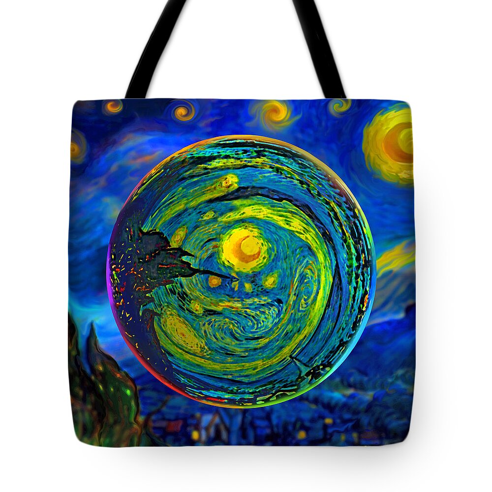 Starry Night Tote Bag featuring the digital art Orbiting A Starry Night by Robin Moline