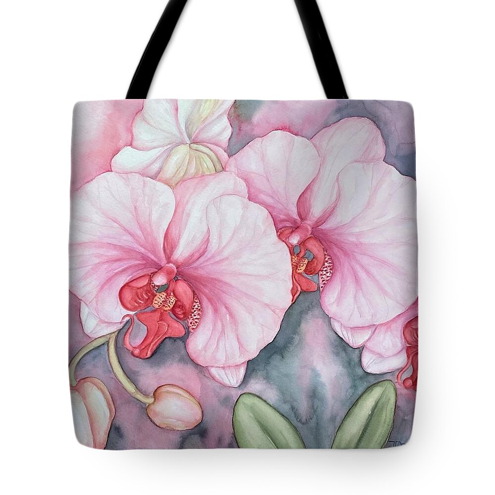 Orchids Tote Bag featuring the painting Orchids, middle of winter by Inese Poga