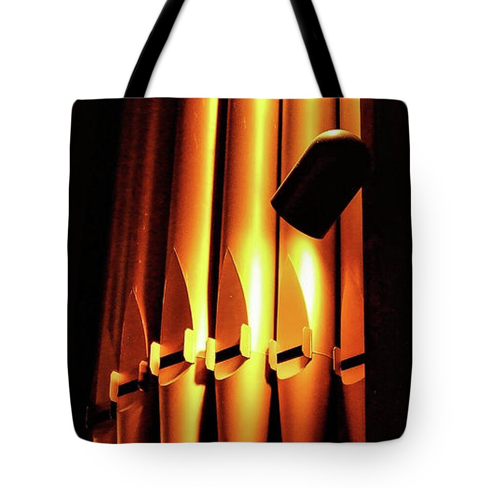 Organ Pipes Church Metal Lights Tote Bag featuring the photograph Organ Pipes by John Linnemeyer