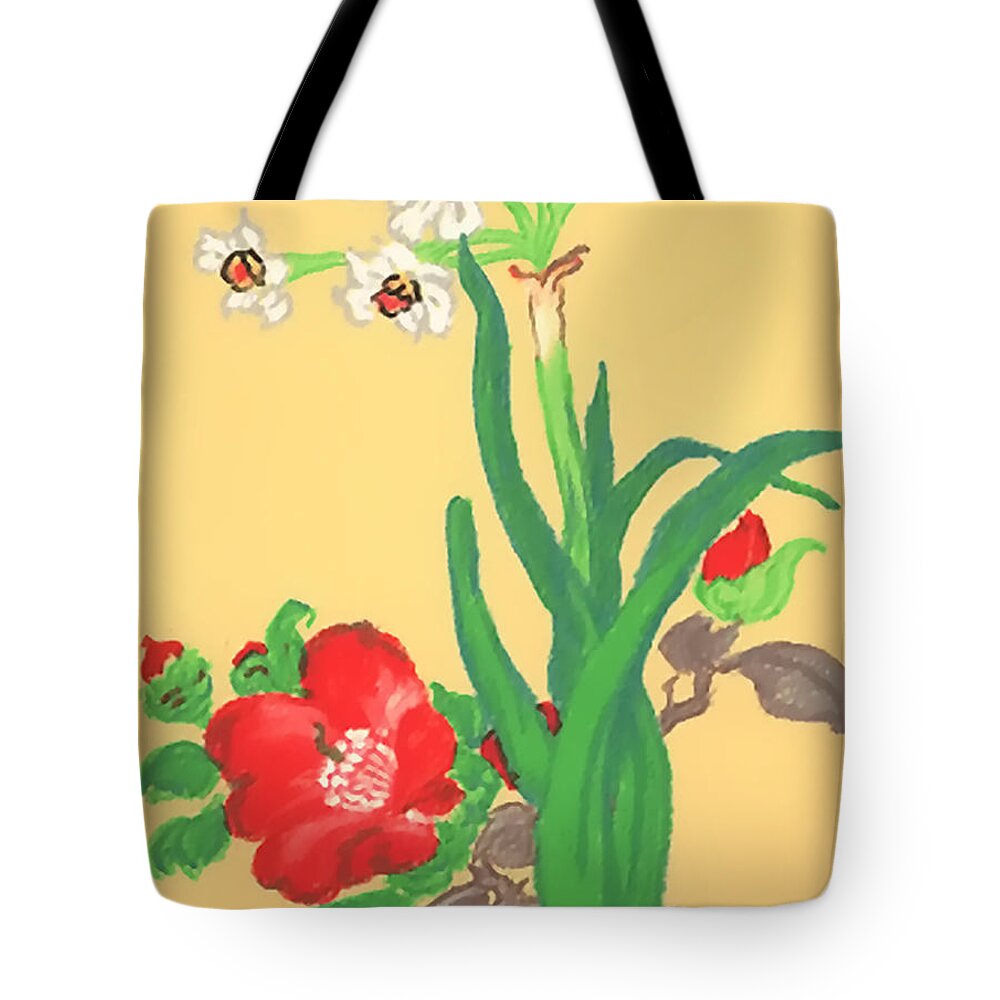 Flower Tote Bag featuring the painting Oriental Flower Series Yellow by Vallee Johnson