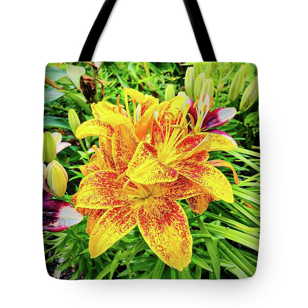 Oriental Lily Tote Bag featuring the photograph Oriental Lily in Nancy's Garden by Bill Swartwout