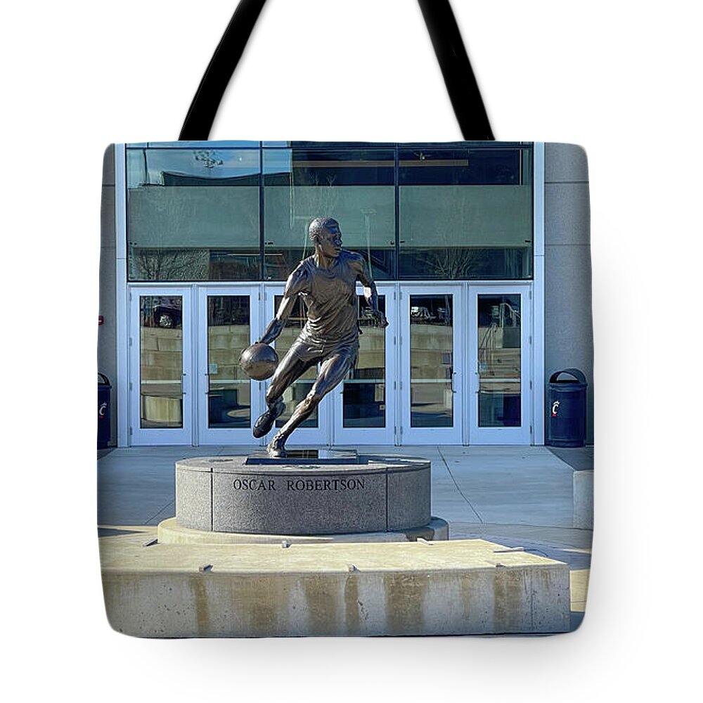 Basketball Tote Bag featuring the photograph Oscar Robertson Statue in Front of University of Cincinnati Fifth Third Arena 5318 by Jack Schultz