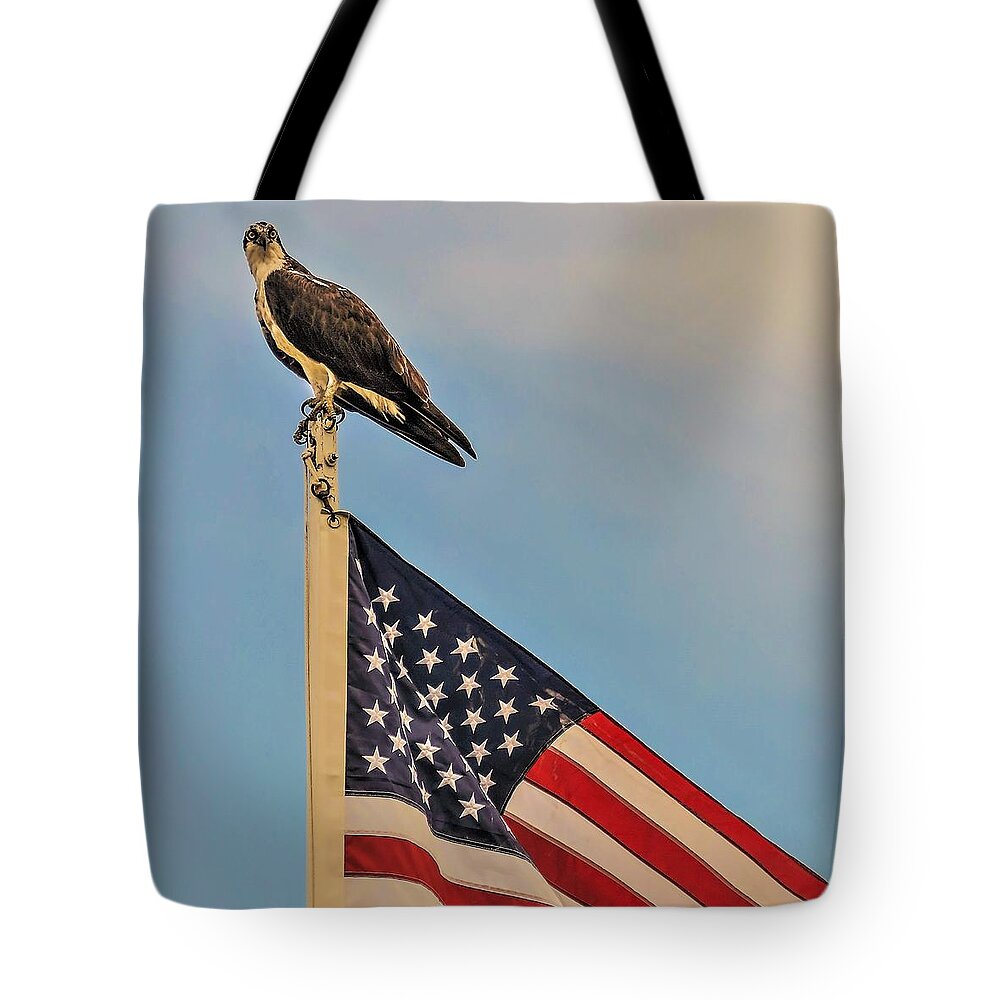 Ospray Bird Feathers Flag Tote Bag featuring the photograph Osprey10a by John Linnemeyer