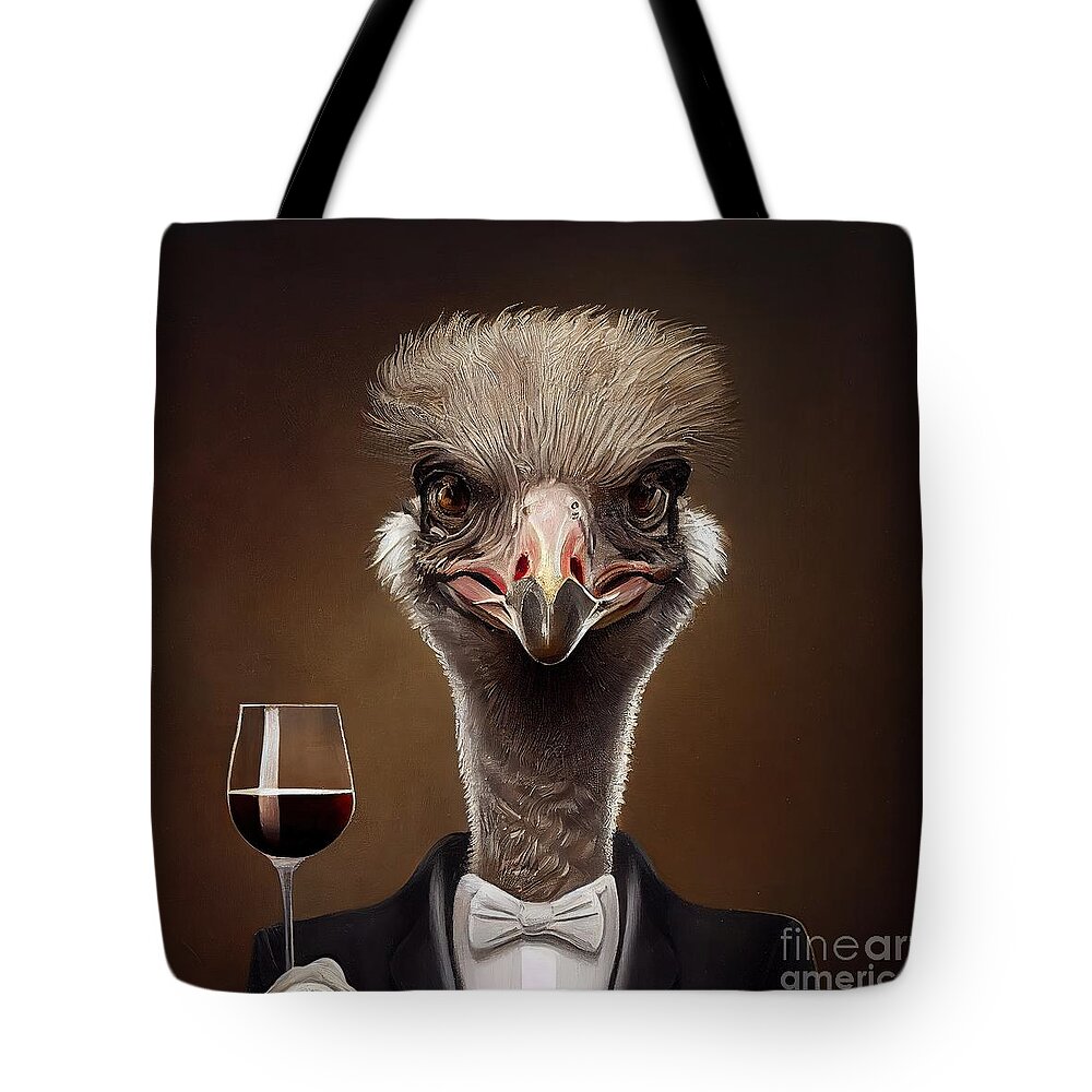 African Tote Bag featuring the painting Ostrich Having Drink by N Akkash