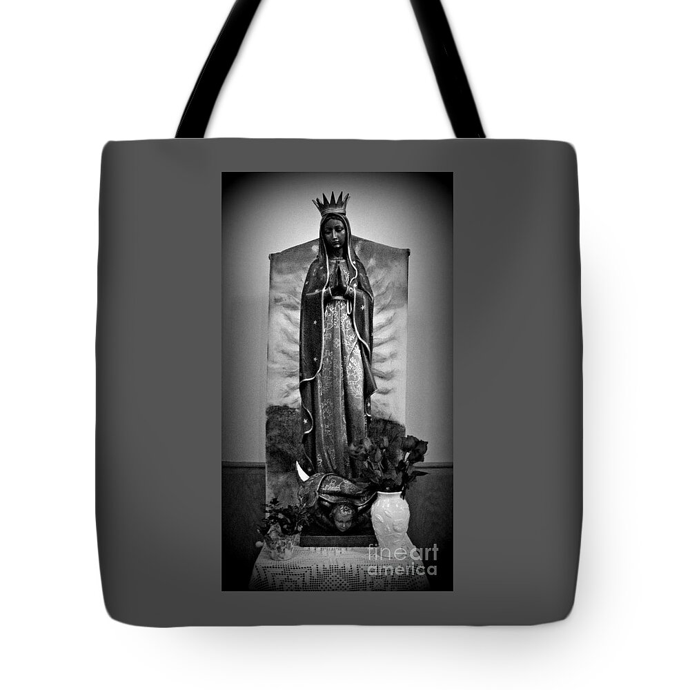 Black And White Tote Bag featuring the photograph Our Lady of Guadalupe - Black And White by Frank J Casella
