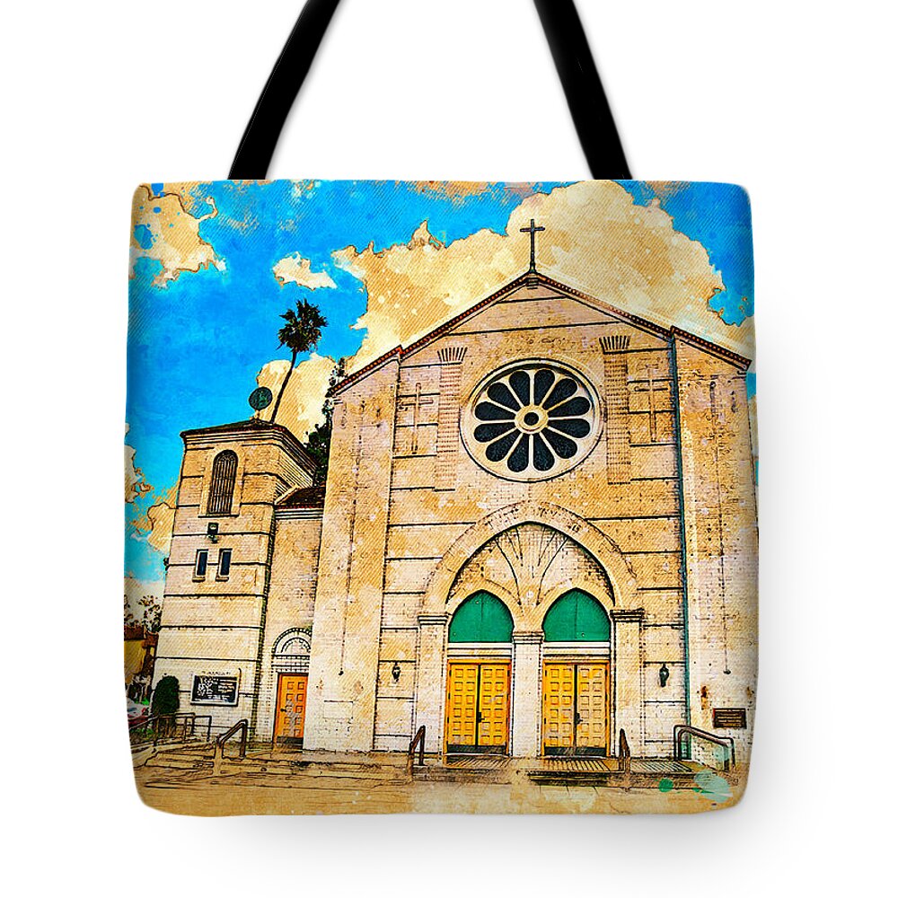 Our Lady Of Perpetual Help Tote Bag featuring the digital art Our Lady of Perpetual Help catholic church in Downey, California by Nicko Prints