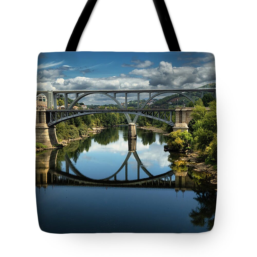 Ourense Tote Bag featuring the photograph Ourense Camino Rio Minho Bridge by Micah Offman