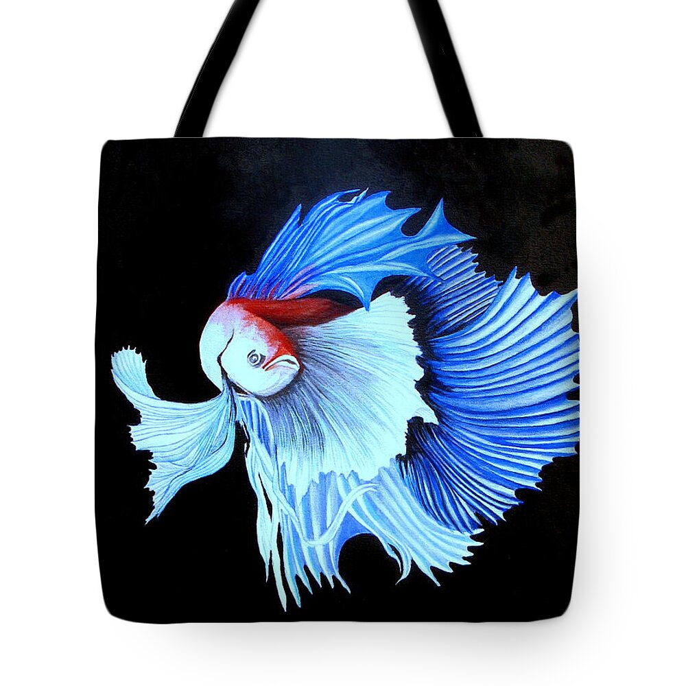 Blue Red Betta Tote Bag featuring the painting Out Of The Darkness by Richard Dotson